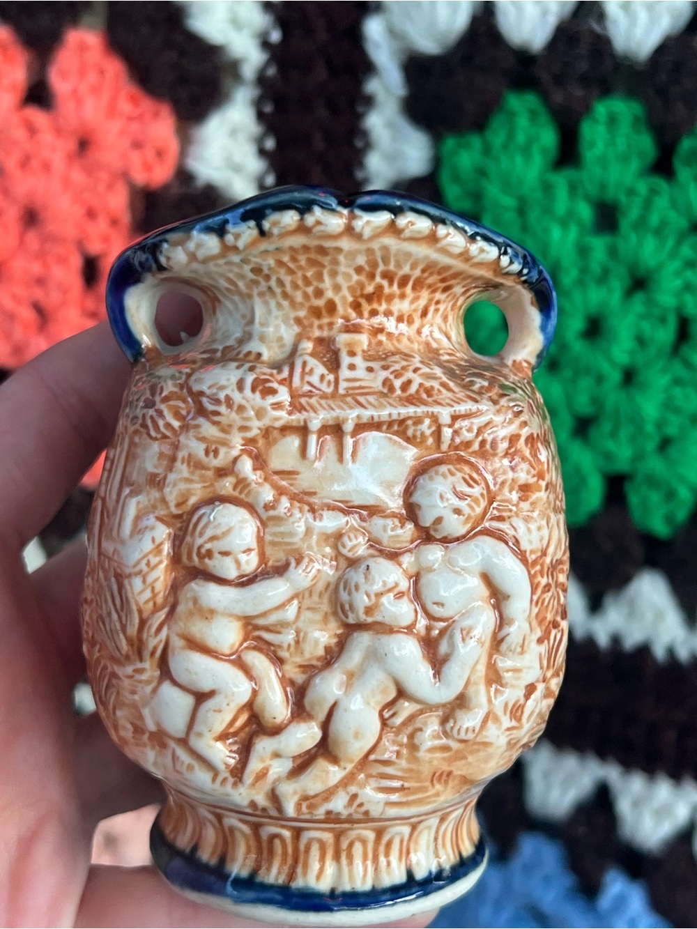 Vintage Japan Cherub Relief Vase Blue Trim